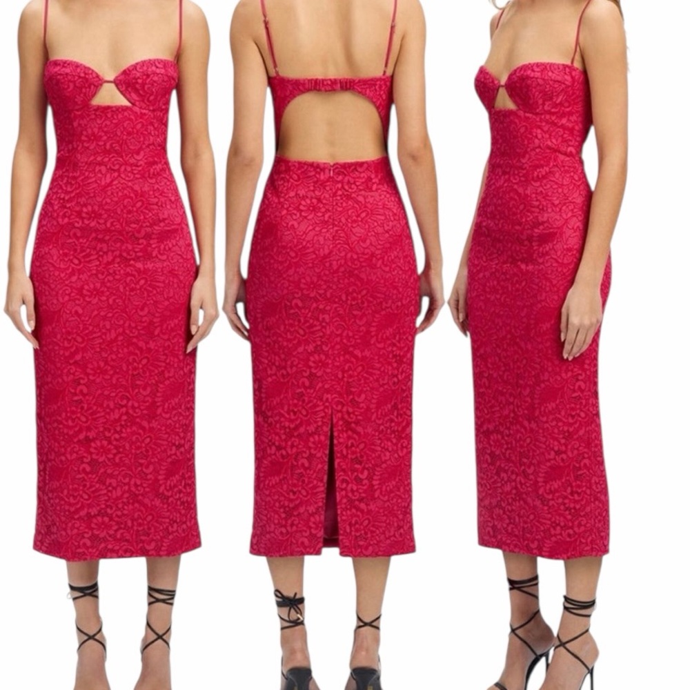 Bardot "Ivanna" Fuchsia Pink Lace Spaghetti Strap Open Back Sheath Midi Dress 2